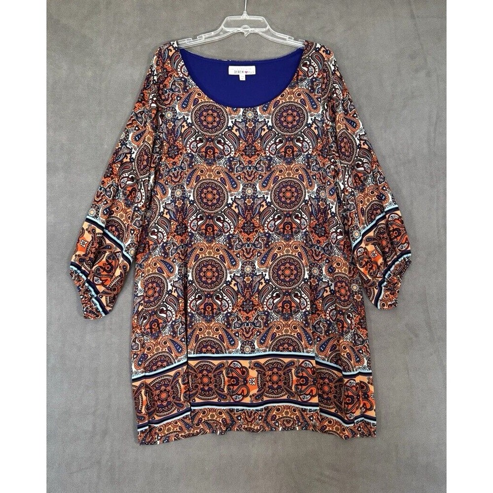 Derek Plus Womens 1X Paisley Tunic Top Orange Purple 3/4 Sleeve Boho Blouse‎